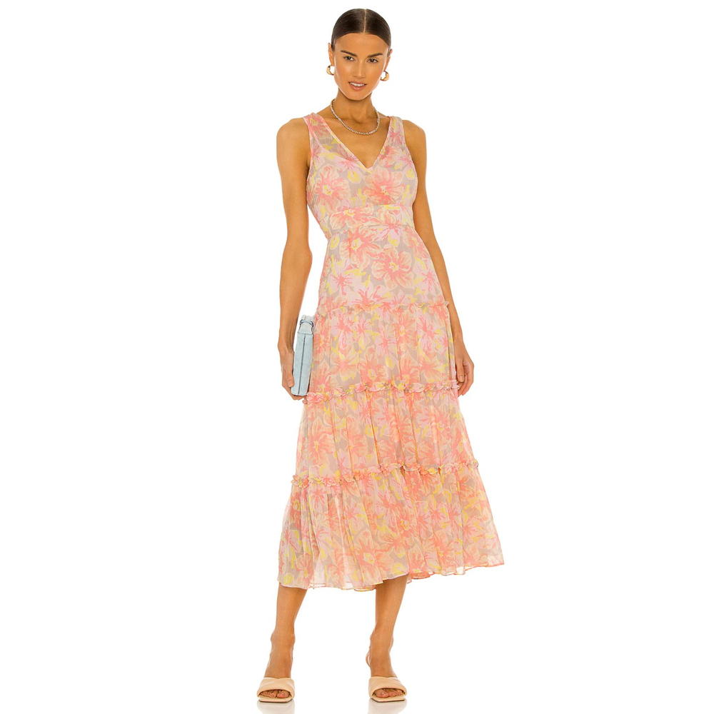 LIKELY Rachel Tiered Midi Dress 0 Floral Print Peach Pink Sleeveless Chiffon NWT